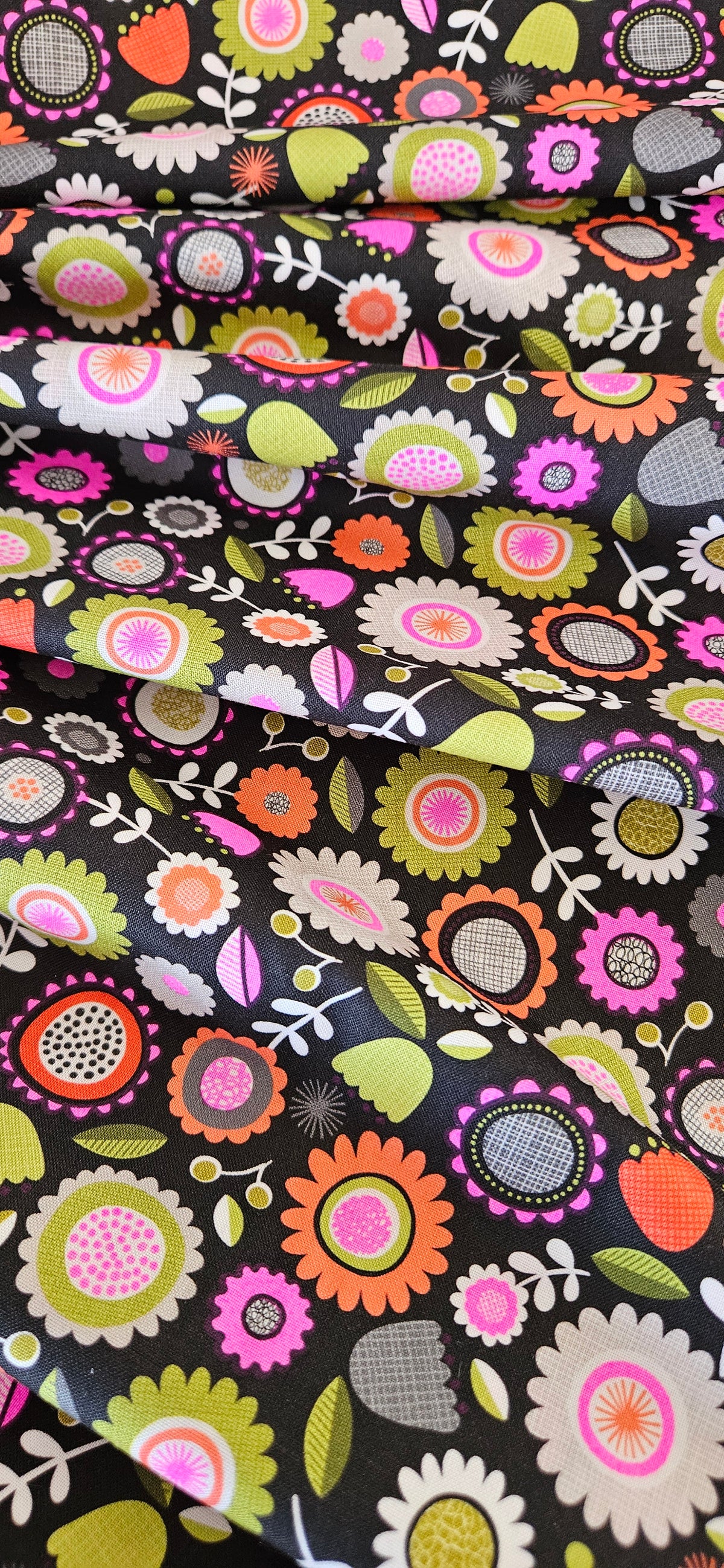 Lewis & Irene Inflorescence – Dark Sketchbook Flowers with Pink Neon Cotton Fabric | 100% Premium Quilting Cotton