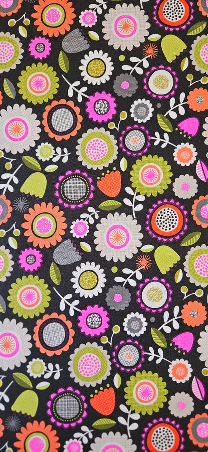Lewis & Irene Inflorescence – Dark Sketchbook Flowers with Pink Neon Cotton Fabric | 100% Premium Quilting Cotton