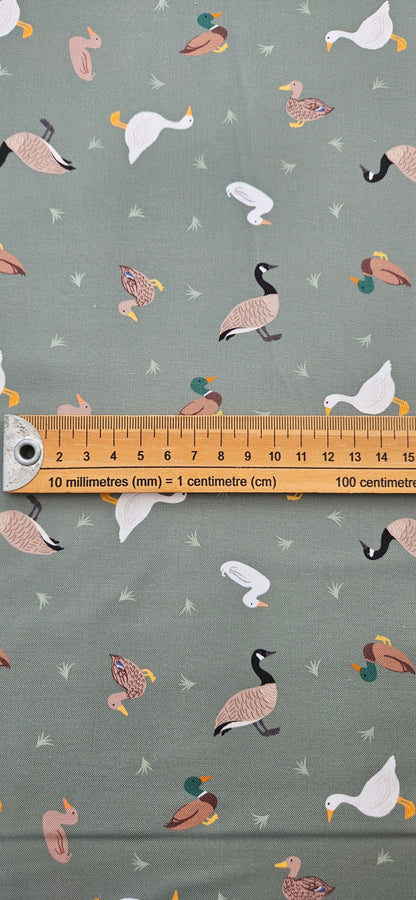 Lewis & Irene Small Things… Rivers & Creeks – Ducks & Geese on Green Cotton Fabric | 100% Premium Quilting Cotton