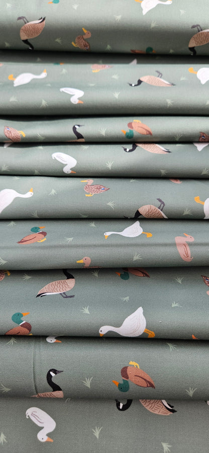Lewis & Irene Small Things… Rivers & Creeks – Ducks & Geese on Green Cotton Fabric | 100% Premium Quilting Cotton