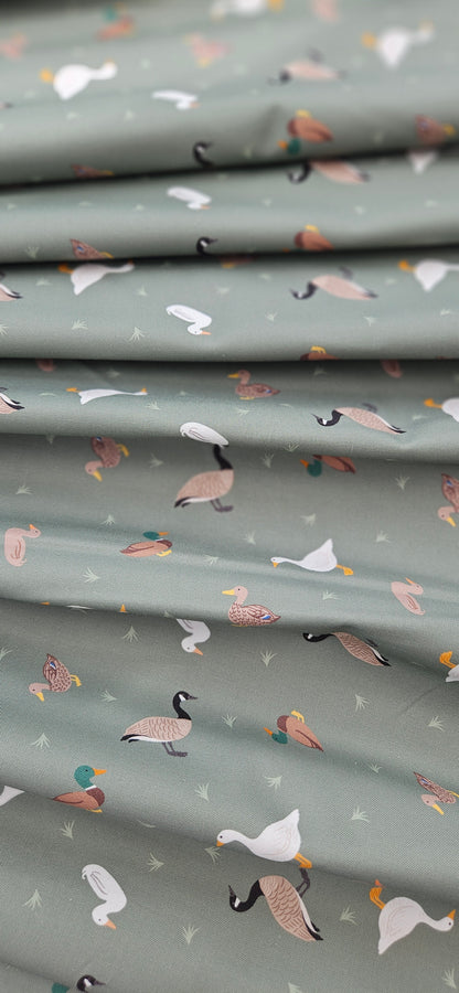 Lewis & Irene Small Things… Rivers & Creeks – Ducks & Geese on Green Cotton Fabric | 100% Premium Quilting Cotton