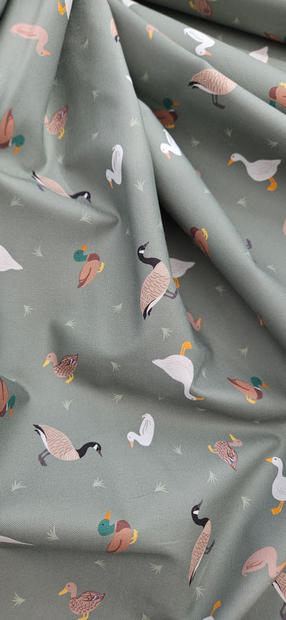 Lewis & Irene Small Things… Rivers & Creeks – Ducks & Geese on Green Cotton Fabric | 100% Premium Quilting Cotton