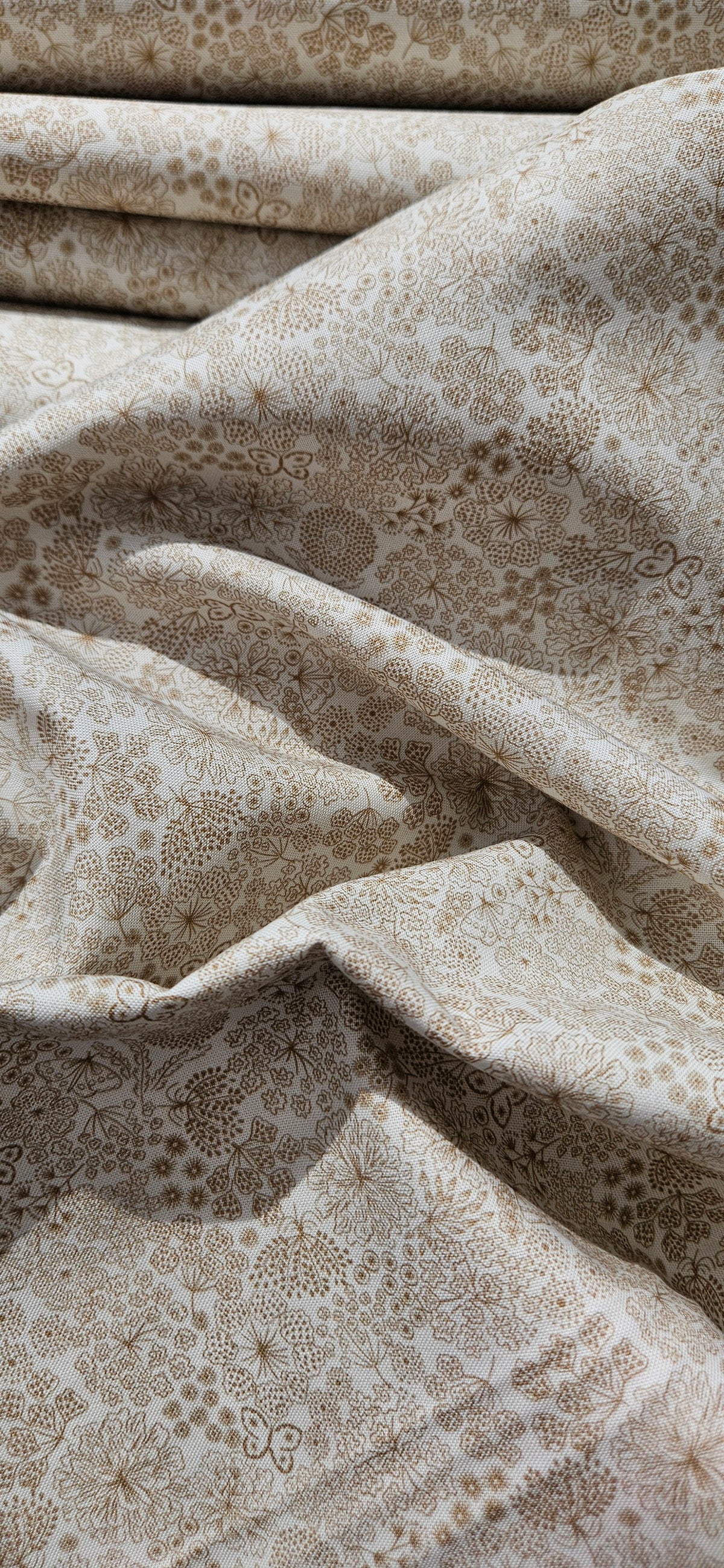 Lewis & Irene Jardin d'Automne Butterfly Floral on Light Stone premium quilting cotton fabric with butterflies and floral design.