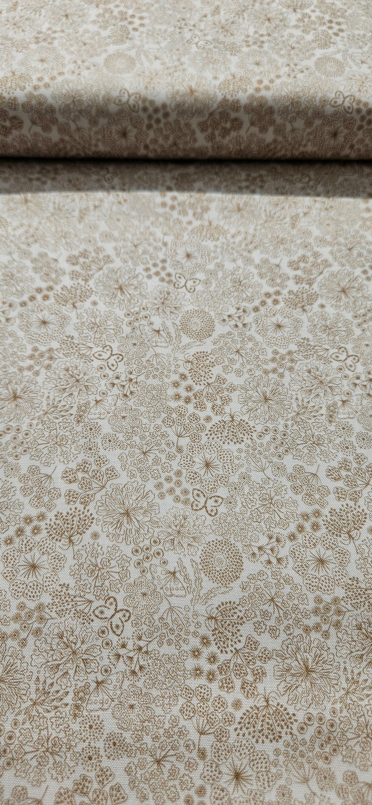 Lewis & Irene Jardin d'Automne Butterfly Floral on Light Stone premium quilting cotton fabric with butterflies and floral design.