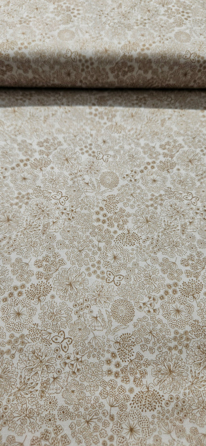 Lewis & Irene Jardin d'Automne Butterfly Floral on Light Stone premium quilting cotton fabric with butterflies and floral design.