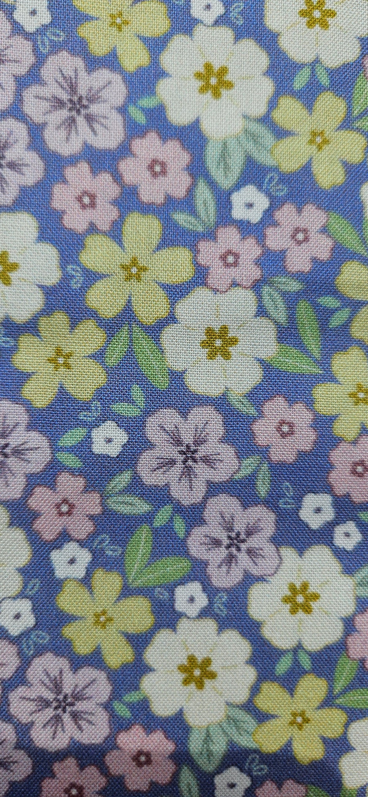 Lewis & Irene Dear Spring Primrose Prairie Dusky Mid Blue floral quilting cotton fabric by Cassandra Connolly.