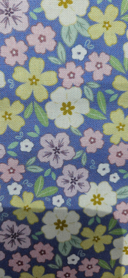Lewis & Irene Dear Spring Primrose Prairie Dusky Mid Blue floral quilting cotton fabric by Cassandra Connolly.