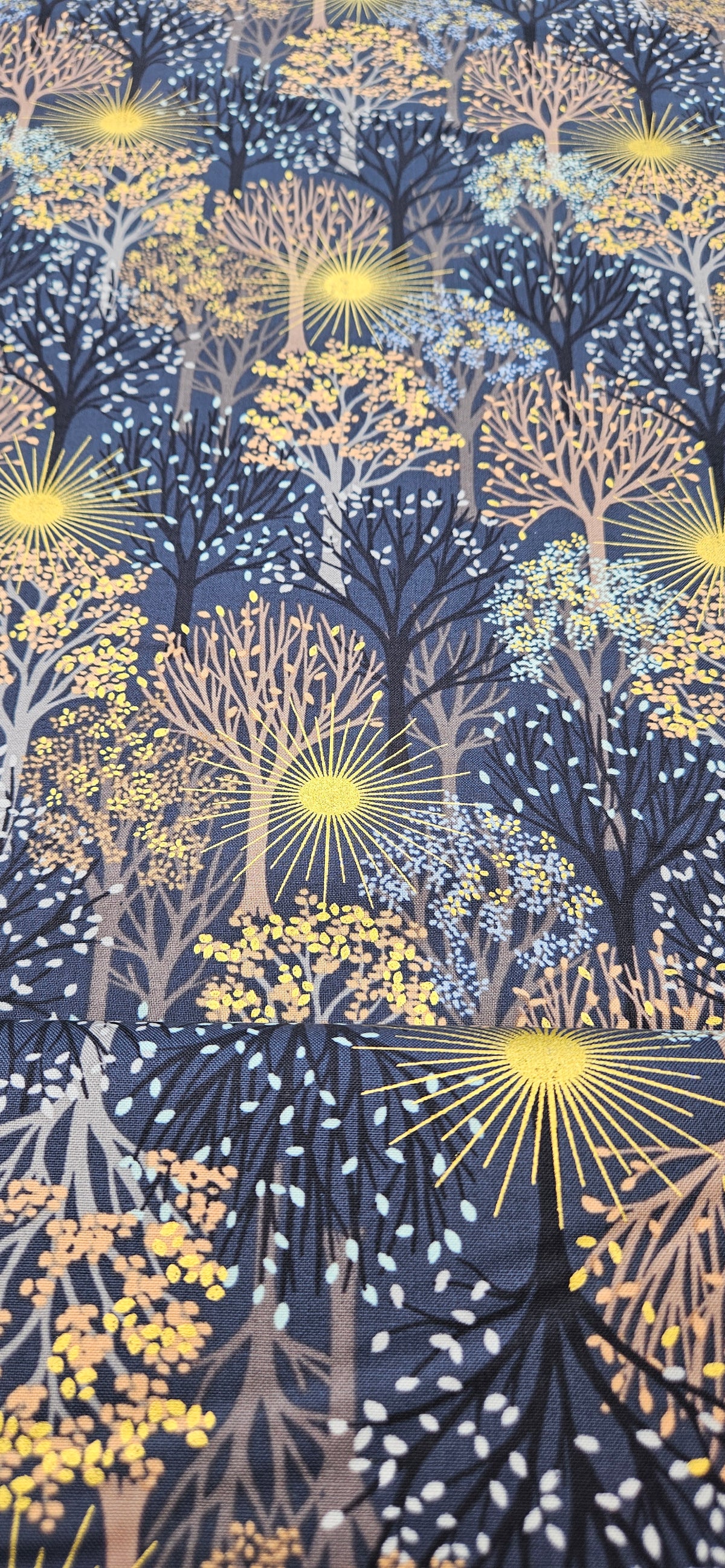 Lewis & Irene Winter Solstice – Trees on Midnight Blue with Gold Metallic Cotton Fabric | 100% Premium Quilting Cotton