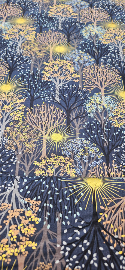 Lewis & Irene Winter Solstice – Trees on Midnight Blue with Gold Metallic Cotton Fabric | 100% Premium Quilting Cotton