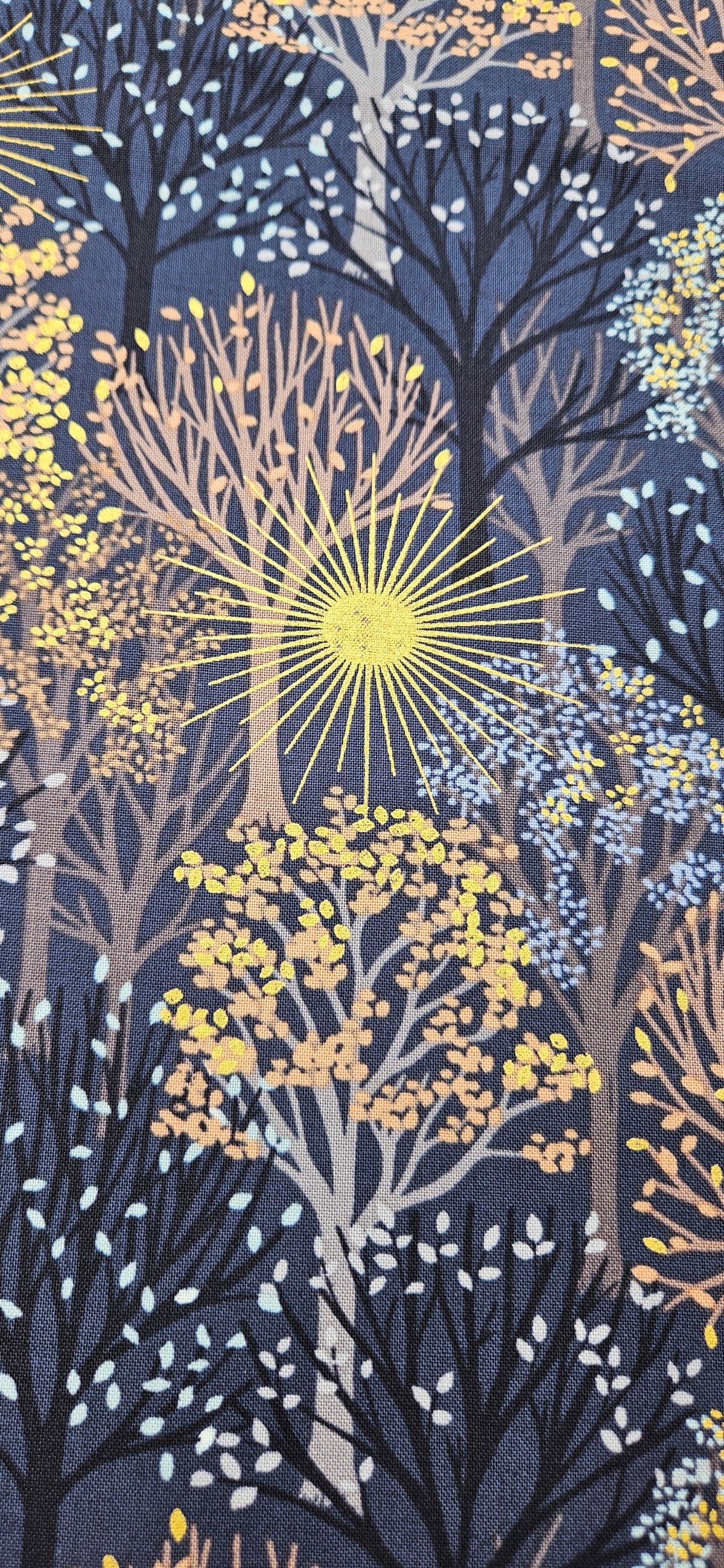 Lewis & Irene Winter Solstice – Trees on Midnight Blue with Gold Metallic Cotton Fabric | 100% Premium Quilting Cotton