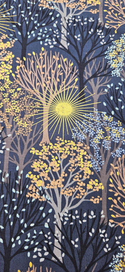 Lewis & Irene Winter Solstice – Trees on Midnight Blue with Gold Metallic Cotton Fabric | 100% Premium Quilting Cotton