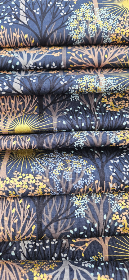 Lewis & Irene Winter Solstice – Trees on Midnight Blue with Gold Metallic Cotton Fabric | 100% Premium Quilting Cotton