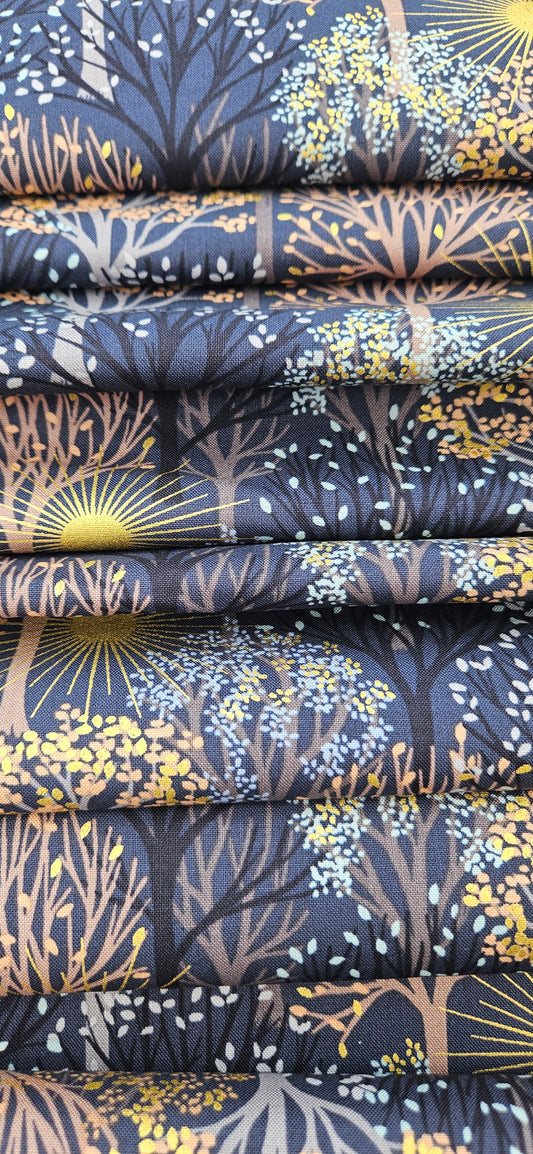 Lewis & Irene Winter Solstice – Trees on Midnight Blue with Gold Metallic Cotton Fabric | 100% Premium Quilting Cotton