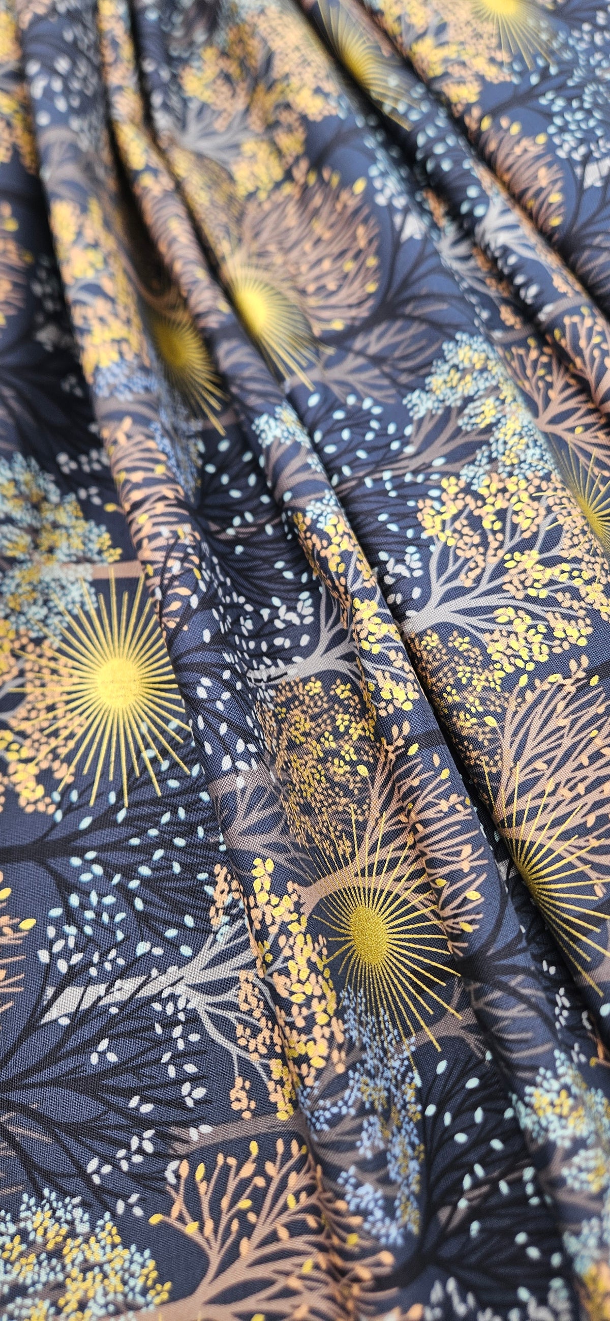 Lewis & Irene Winter Solstice – Trees on Midnight Blue with Gold Metallic Cotton Fabric | 100% Premium Quilting Cotton