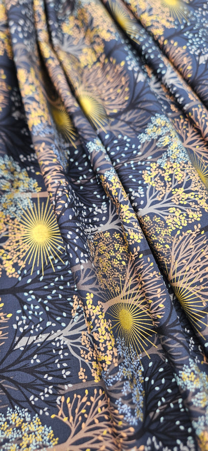 Lewis & Irene Winter Solstice – Trees on Midnight Blue with Gold Metallic Cotton Fabric | 100% Premium Quilting Cotton