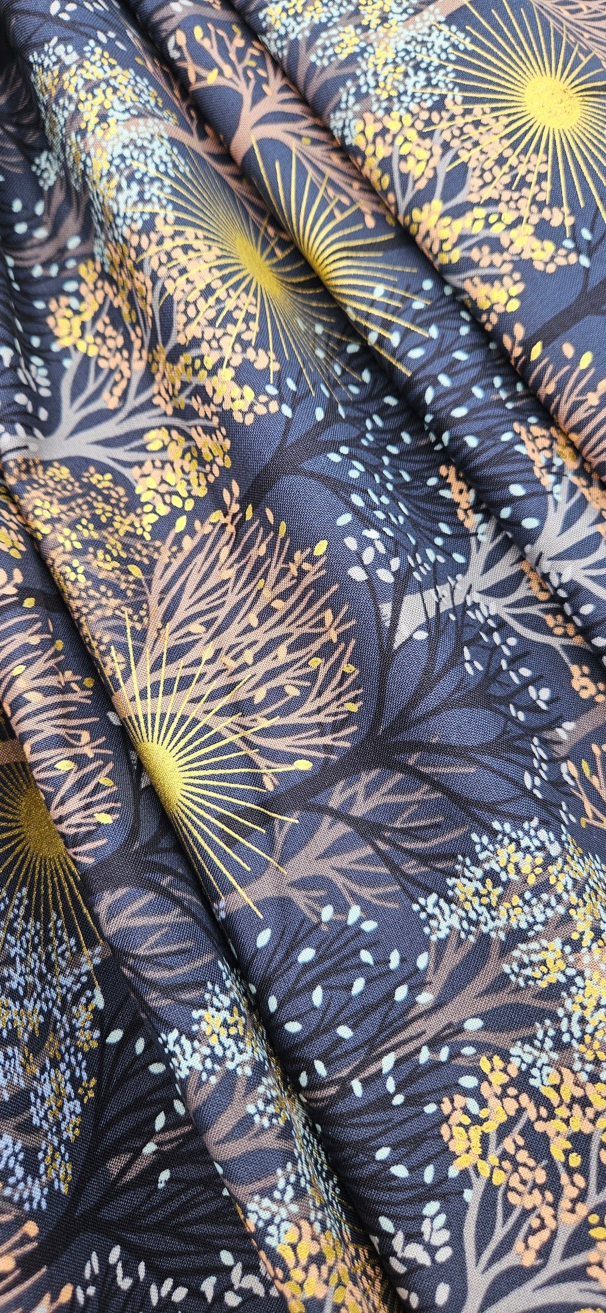 Lewis & Irene Winter Solstice – Trees on Midnight Blue with Gold Metallic Cotton Fabric | 100% Premium Quilting Cotton