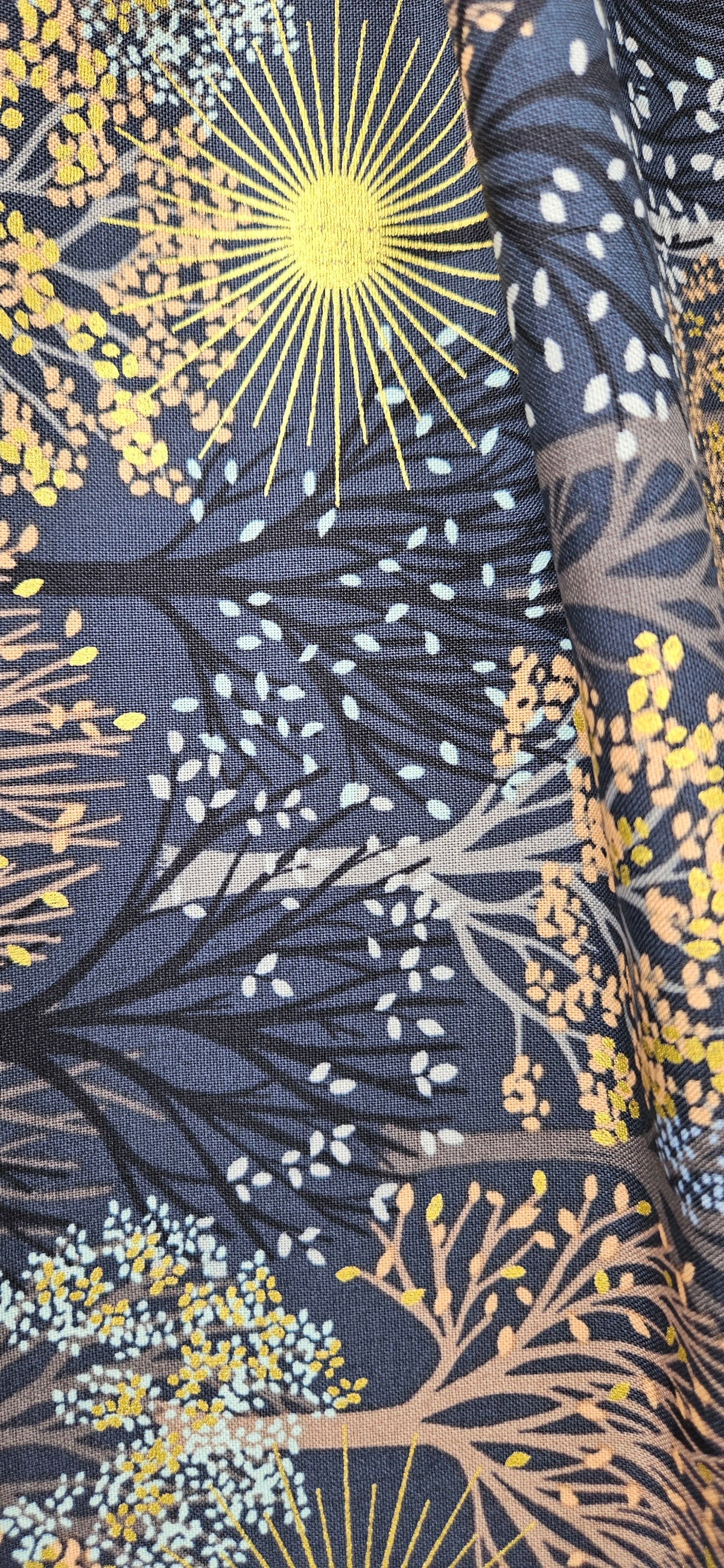 Lewis & Irene Winter Solstice – Trees on Midnight Blue with Gold Metallic Cotton Fabric | 100% Premium Quilting Cotton