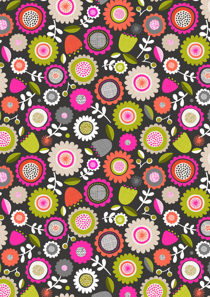 Lewis & Irene Inflorescence – Dark Sketchbook Flowers with Pink Neon Cotton Fabric | 100% Premium Quilting Cotton