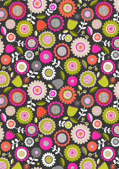 Lewis & Irene Inflorescence – Dark Sketchbook Flowers with Pink Neon Cotton Fabric | 100% Premium Quilting Cotton