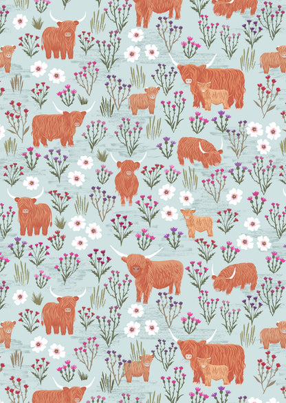 Lewis & Irene Cotton Fabric -Celtic Summers Summer Meadow Highland Cows on Breezy Blue
