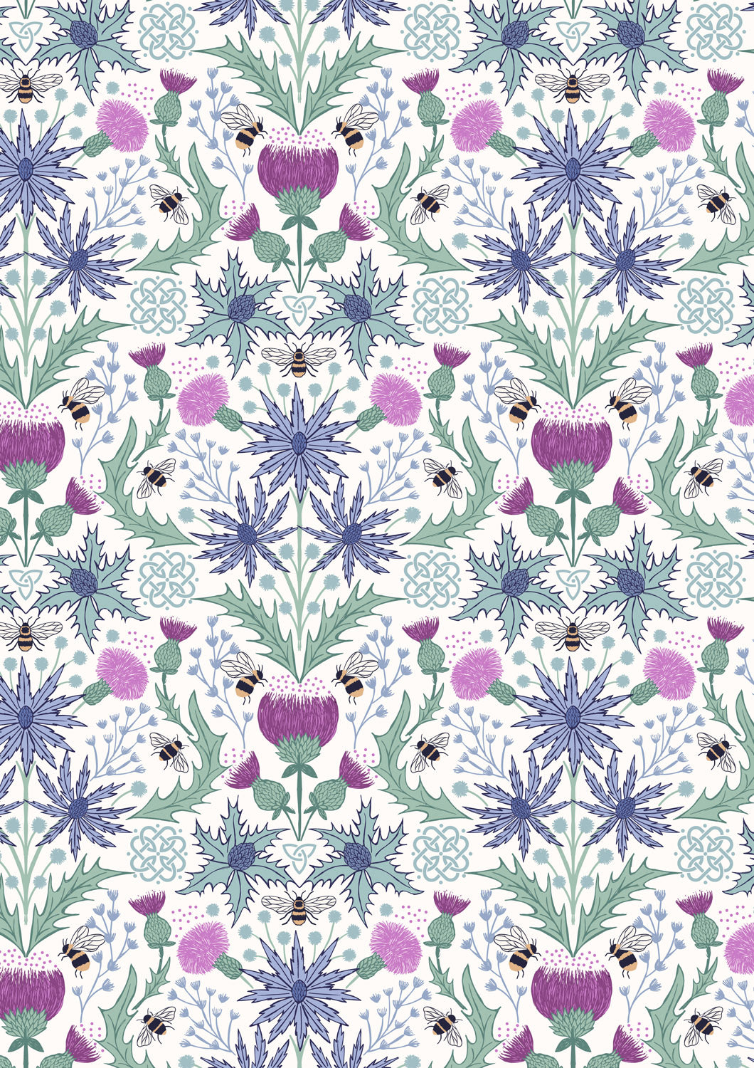 Lewis & Irene Cotton Fabric -Celtic Summers - Mirrored Thistle and Bee on Cream