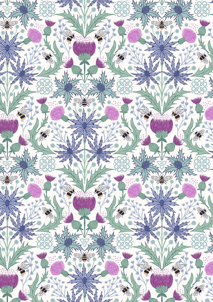 Lewis & Irene Cotton Fabric -Celtic Summers - Mirrored Thistle and Bee on Cream