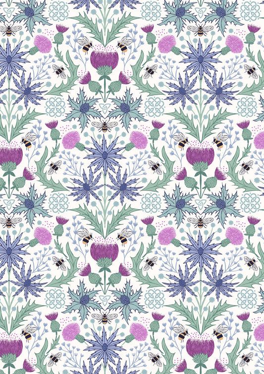 Lewis & Irene Cotton Fabric -Celtic Summers - Mirrored Thistle and Bee on Cream