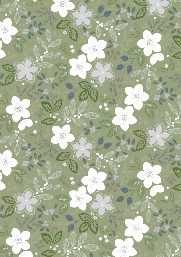 Lewis & Irene Winter's Garden Winter's Promise Light Green pearlescent premium quilting cotton fabric by Cassandra Connolly.