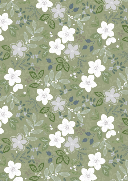 Lewis & Irene Winter's Garden Winter's Promise Light Green pearlescent premium quilting cotton fabric by Cassandra Connolly.