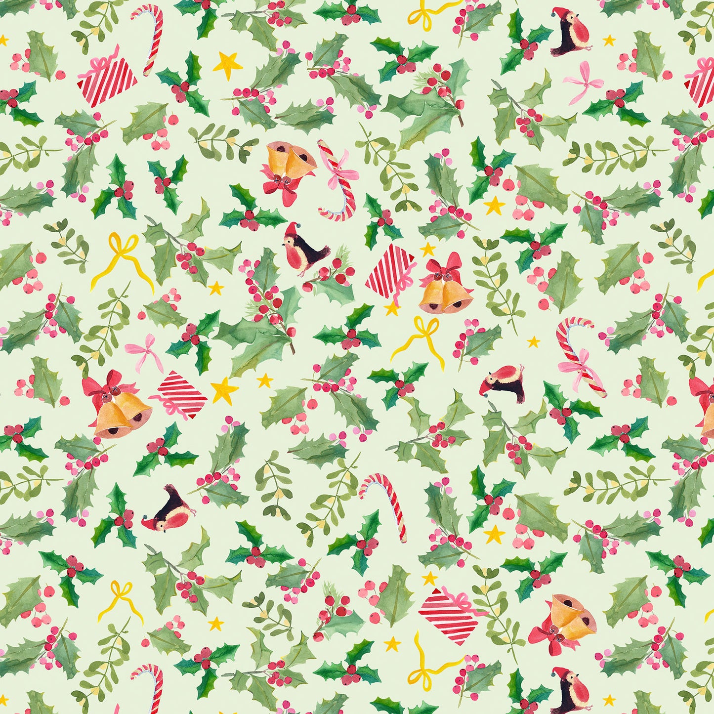 Lewis & Irene Holly Jolly on Pistachio Cotton Fabric – Merry Happy Christmas by Bluebellgray | 100% Premium Quilting Cotton