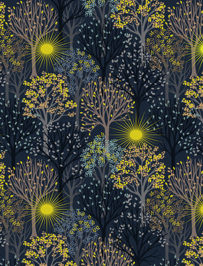 Lewis & Irene Winter Solstice Trees on Midnight Blue premium quilting cotton fabric with gold metallic detailing.