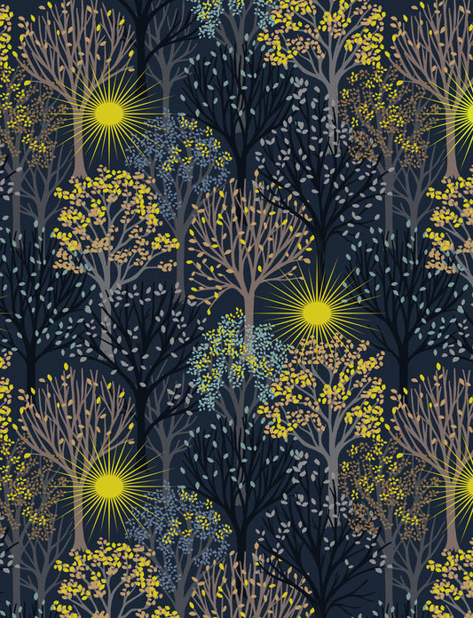 Lewis & Irene Winter Solstice Trees on Midnight Blue premium quilting cotton fabric with gold metallic detailing.