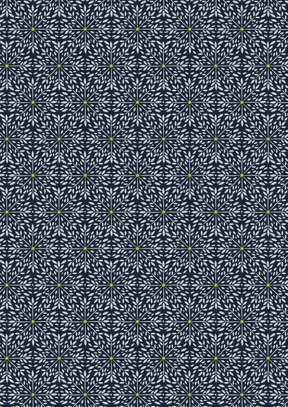 Lewis & Irene Winter Solstice Winter Star on Midnight Blue premium quilting cotton fabric with gold metallic detailing.