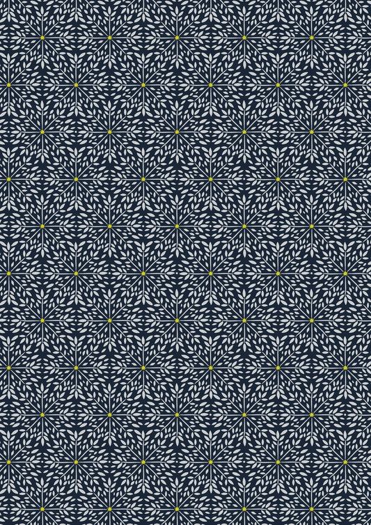 Lewis & Irene Winter Solstice Winter Star on Midnight Blue premium quilting cotton fabric with gold metallic detailing.