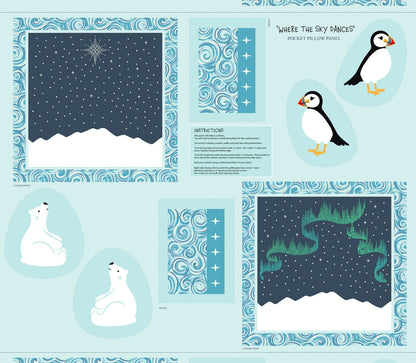 Lewis & Irene Where the Sky Dances pocket pillow cushion panel featuring polar bears and puffins beneath the Northern Lights with a pearlescent pearl finish.