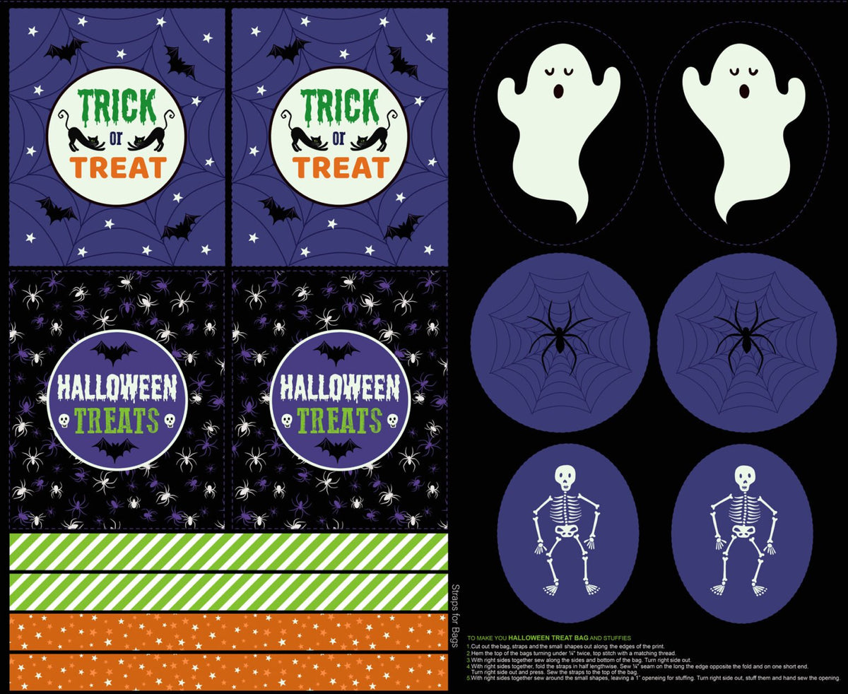 Lewis & Irene Haunted House glow-in-the-dark treat bags and cut-outs black Halloween cotton fabric panel.
