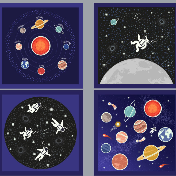 Lewis & Irene Space Glow one yard cushion panel with digitally printed space design and glow-in-the-dark elements.