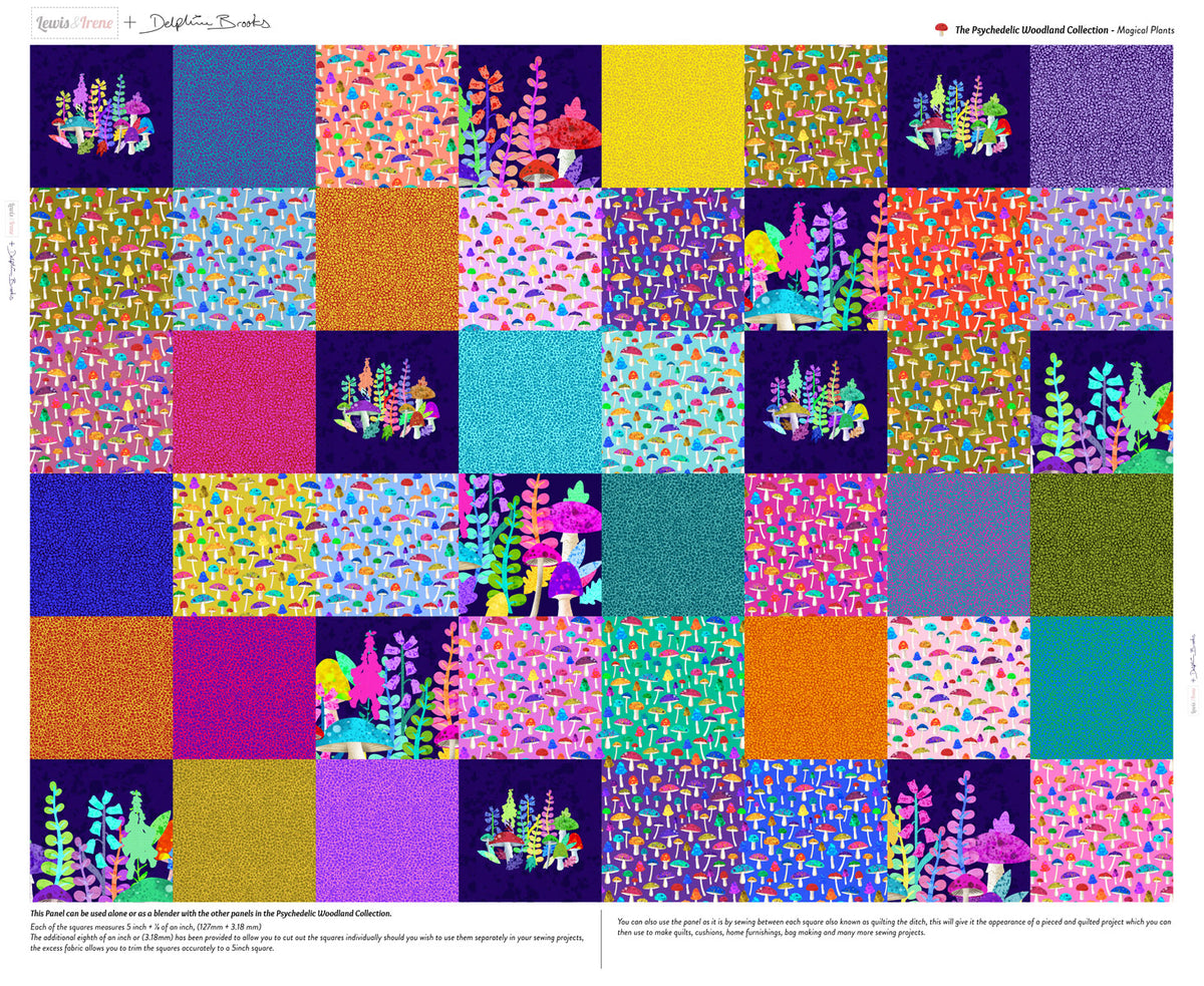 Lewis & Irene The Psychedelic Woodland Magical Plants fabric panel featuring colourful 5 inch square designs by Delphine Brooks.