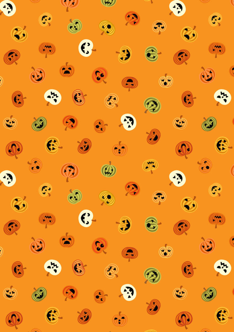 Halloween Cotton Fabric – Scattered Jack-o'-Lantern Pumpkins on Orange | 100% Cotton Quilting Fabric