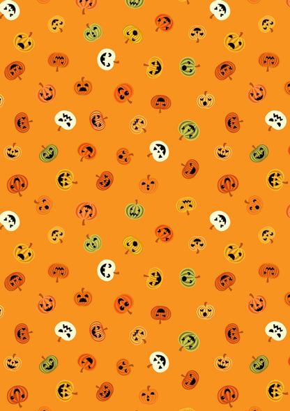 Halloween Cotton Fabric – Scattered Jack-o'-Lantern Pumpkins on Orange | 100% Cotton Quilting Fabric