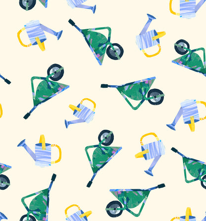 Lewis & Irene Cotton Fabric - Flower Market Collection - Wheelbarrow and Greenhouse