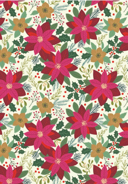 Lewis & Irene All Is Bright Poinsettia on Cream Christmas Cotton Fabric | 100% Premium Quilting Fabric