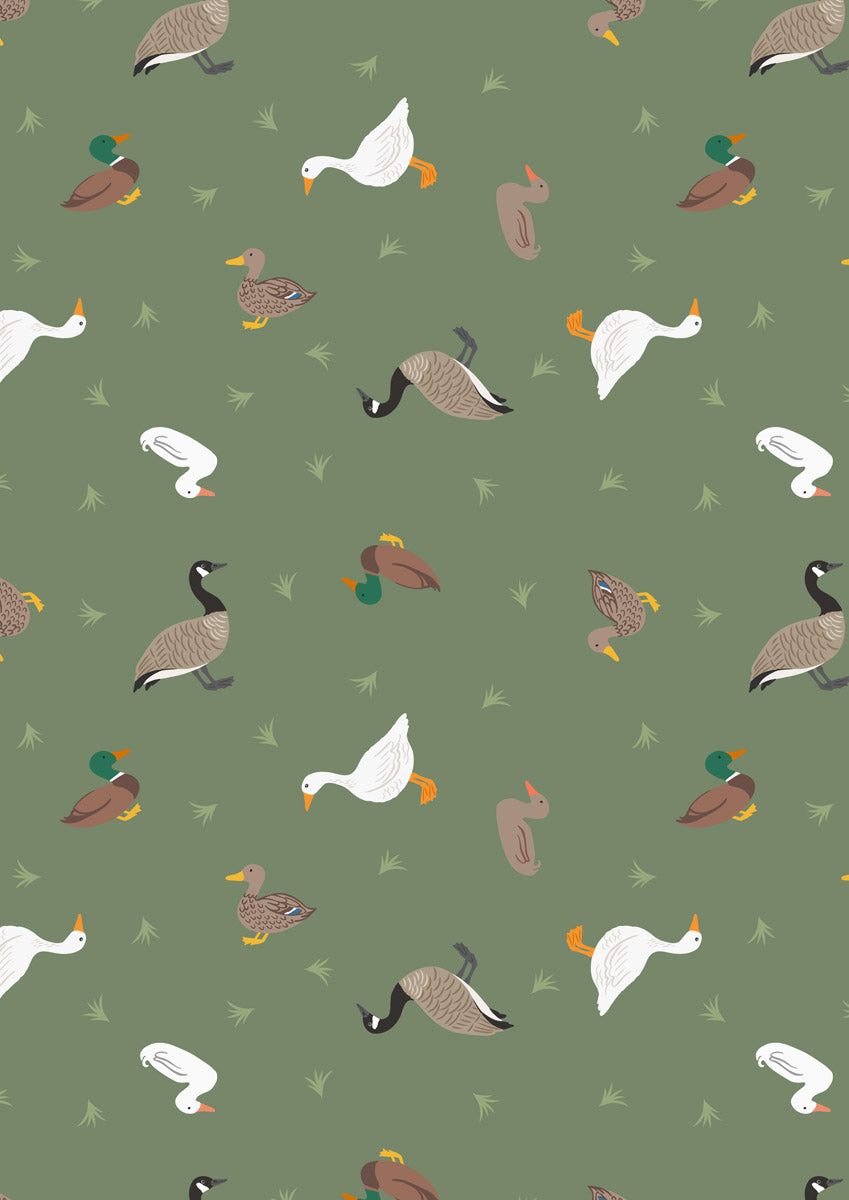 Lewis & Irene Small Things Rivers & Creeks Ducks and Geese on Green premium quilting cotton fabric.