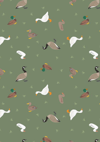 Lewis & Irene Small Things Rivers & Creeks Ducks and Geese on Green premium quilting cotton fabric.
