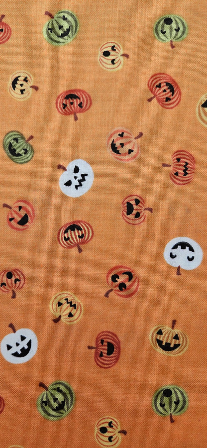 Halloween Cotton Fabric – Scattered Jack-o'-Lantern Pumpkins on Orange | 100% Cotton Quilting Fabric