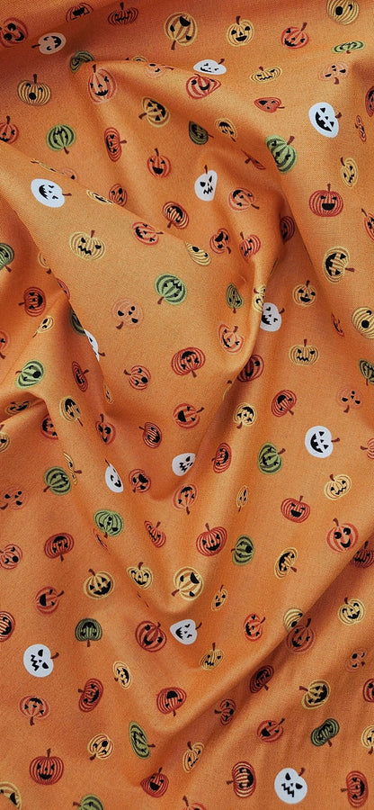 Halloween Cotton Fabric – Scattered Jack-o'-Lantern Pumpkins on Orange | 100% Cotton Quilting Fabric