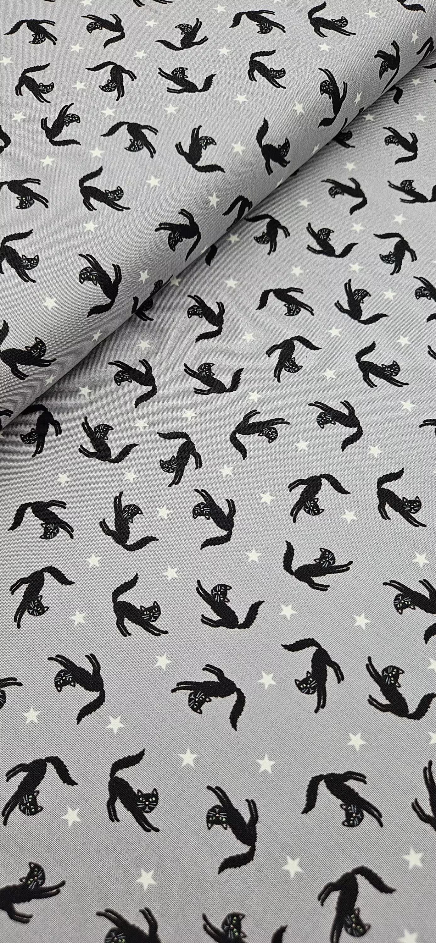 Lewis & Irene Scaredy Cats Glow Cotton Fabric – Grey Halloween Cat Print | Transylvania Glow Collection
