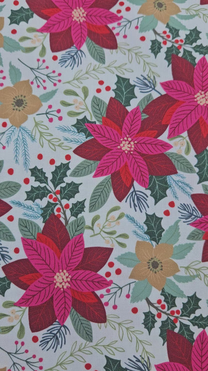 Lewis & Irene All Is Bright Poinsettia on Cream Christmas Cotton Fabric | 100% Premium Quilting Fabric