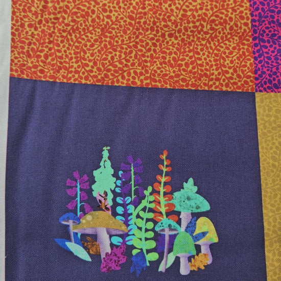 Lewis & Irene The Psychedelic Woodland Magical Plants fabric panel featuring colourful 5 inch square designs by Delphine Brooks.