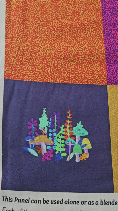 Lewis & Irene The Psychedelic Woodland Magical Plants fabric panel featuring colourful 5 inch square designs by Delphine Brooks.